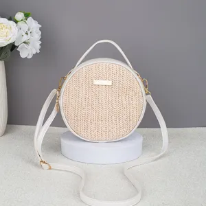 Elegante borsa a tracolla rotonda in paglia da donna, borsa estiva intrecciata con finiture in PU.