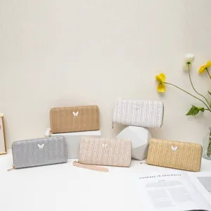 Damen Stroh Webmuster Geldbörse Schmetterling Dekor Lange Reißverschluss Tasche Mode PU Leder Clutch Mehrschichtige Handtasche Für Täglich