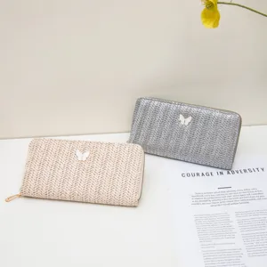 Damen Strohgewebe lange Geldbörse mit süßer Schmetterling Dekoration, Reißverschluss Clutch.