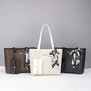 Damen Große Kapazität Monogramm Bedruckte Tragetasche Mode PU Leder Handtasche Mit Seidenschal Und Beutel Business Casual Umhängetasche