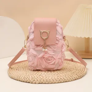 Damen 3D Rosenblüten Umhängetasche Für Handy PU Leder Minimalistische Schultertasche Mit Künstlicher Perlenquaste Mode Kleine Handtasche