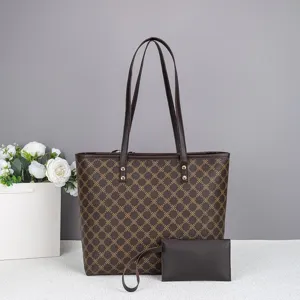 Große Vintage Monogramm Print Damen Shopper Tote Tasche mit passender Pochette für Alltag.