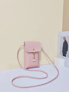 Roze kroko motief mini crossbody telefoon tas met parel kwastje, stijlvolle dagelijkse tas.