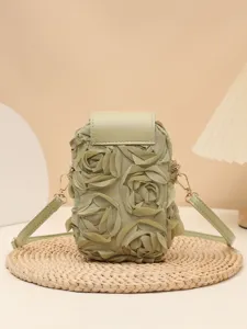 Grüne Handytasche mit Rosenmuster, stylische Freizeitumhängetasche mit floralem Stoffdesign.