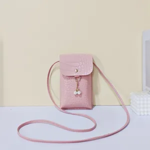 Roze krokodillenpatroon crossbody telefoon tas met parel kwastje, stijlvolle mini tas.