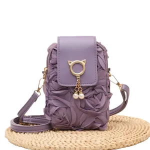 Lila Rosen Handytasche Umhängetasche mit Perlenquaste für Damen Casual Alltagstasche