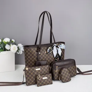 6-piece brown checkered tote bag set with matching crossbody bags and purses for women stylish