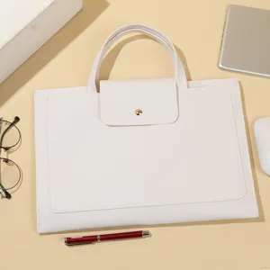 Minimalist high-capacity white laptop handbag briefcase, elegant business commute style.