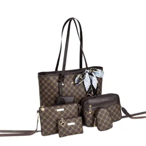 Six-piece women tote bag set with classic brown grid pattern for casual daily use