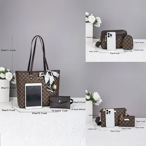 Detailed view of six-piece women tote bag set with dimension measurements and large capacity.