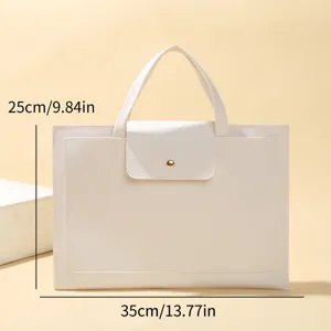 Minimalist large capacity white laptop handbag PU leather briefcase with front pocket.