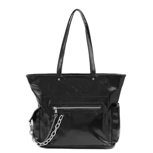 Sac cabas noir pour femme et homme, grand sac porté épaule en cuir PU avec chaîne.