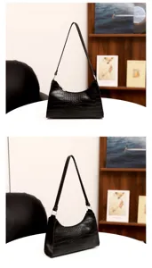 Schwarze Kroko-Muster PU Leder Schultertasche minimalistische Baguette Tasche Damen