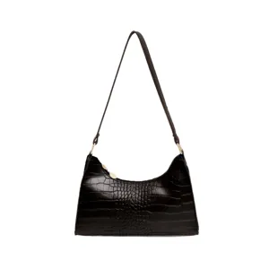 Schwarze Kroko-Muster Leder Unterarm Umhängetasche stylische Baguette Damentasche.