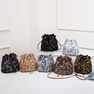 Women Fashion Sequin Bucket Bag Drawstring PU Leather Splicing Single Shoulder Messenger Bag Glitter Casual Daily Tote Bag For Lady