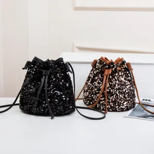 Fashion sequin bucket bag with drawstring closure, stylish shoulder bag for women daily.