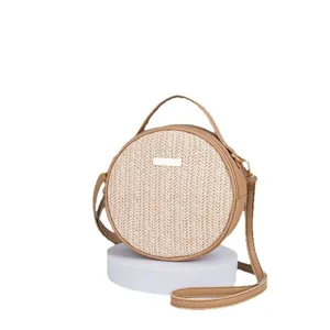 Borsa a tracolla rotonda in paglia da donna, elegante borsa estiva casual con manico e cinghia
