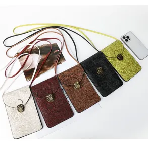 Borsa a tracolla per cellulare in pelle goffrata retro con serratura in metallo