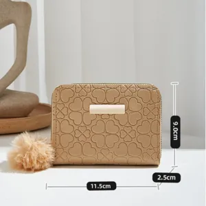 Women short PU leather wallet with clover embossed pattern, metal bar and cute pom pom.