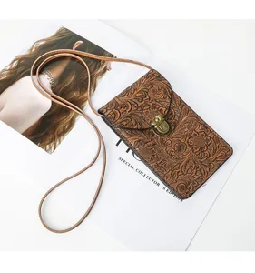 Borsa a tracolla retrò in pelle goffrata per cellulare con chiusura in metallo