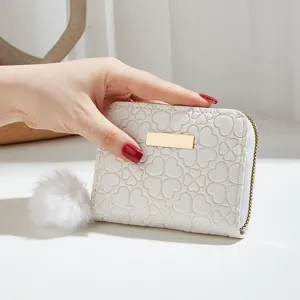 Women short wallet white cute coin purse with plush pom-pom and heart embossed design
