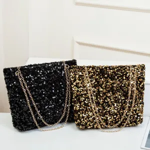 Fashion sequin shoulder bag with gold chain strap, stylish large capacity tote handbag main.