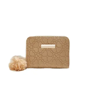Women short wallet chic clover debossed zipper coin purse with fluffy ball charm daily use