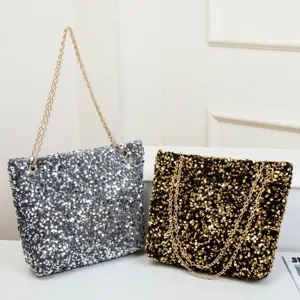 Fashion sequin shoulder bag with luxury chain strap, large capacity stylish tote bag for women.