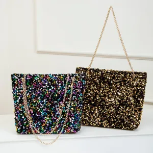 Stylish sequin shoulder bag with chain strap, large capacity trendy tote and crossbody bag.