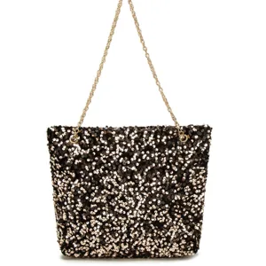 Stylish black sequin shoulder bag with gold chain strap, large capacity daily underarm bag.