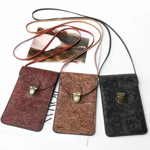 Borsa a tracolla per telefono floreale goffrata vintage con serratura, pochette retro.