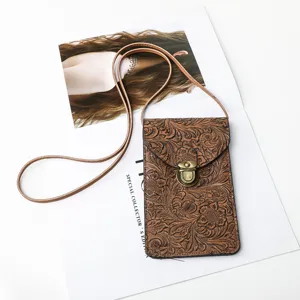 Borsa a tracolla retrò in pelle stampata per telefono con chiusura in metallo donna