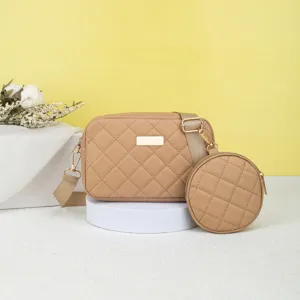 Beige quilted crossbody bag with round coin purse, stylish shoulder camera bag for women.