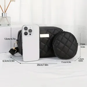 Detailed view of black quilted crossbody bag featuring coin purse and clear size dimensions.