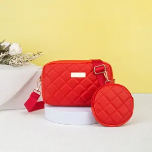 Red quilted crossbody bag with round coin purse, stylish women shoulder camera bag for daily use