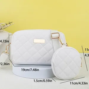 White quilted crossbody camera bag with round coin purse, stylish shoulder handbag.