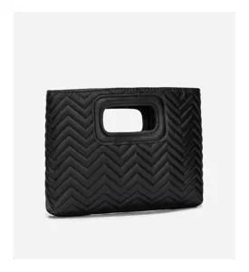 Detailed view of a stylish black quilted clutch bag featuring a chic zigzag pattern and handle.