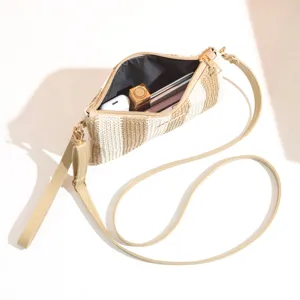 Woven crossbody bag for women, stylish striped straw shoulder bag with zipper and adjustable strap.
