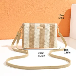 Women straw woven crossbody bag casual vertical stripes small square shoulder bag fashion