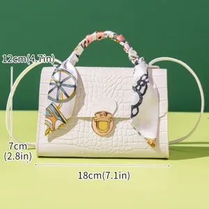 White crocodile pattern leather handbag with stylish twilly scarf handle and metal lock.