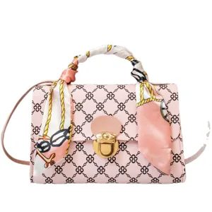 Pink Women Handbag Crossbody Bag with Twilly Scarf Stylish PU Leather Shoulder Bag