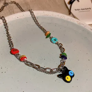Cute colorful cartoon big eye cat cherry necklace sweet cool style punk clavicle chain