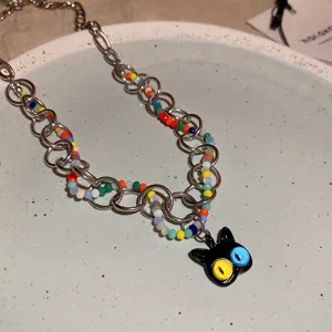 Cute colorful cartoon big-eyed cat cherry necklace sweet and cool style clavicle chain jewelry item