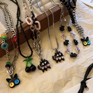 Cute colorful cartoon big-eye cat cherry necklace dark style sweet cool fashion jewelry