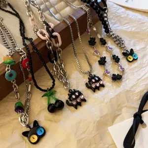 Cute sweet cool black cat cherry necklace Y2K punk collar aesthetic fashion jewelry set