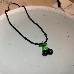 Handcrafted black beaded glass cherry pendant necklace dark sweet cool clavicle chain