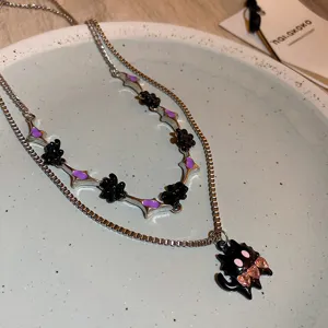 Gothic Y2K Black Cartoon Cat Pendant Double Layer Necklace Sweet Cool Silver Box Chain Jewelry