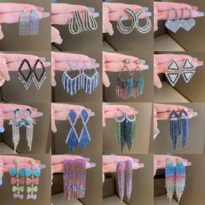 European and American exaggerated colorful rhinestone tassel earrings fashion high-end design ear studs