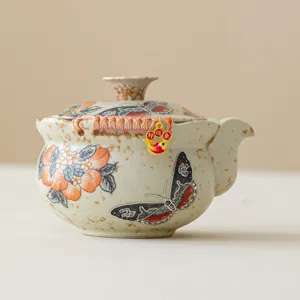 Théière kung fu en céramique chinoise avec motifs de pêche et de papillon pour maison.