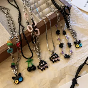 Sweet cool style black cat cherry necklace set trendy y2k aesthetic jewelry for women.